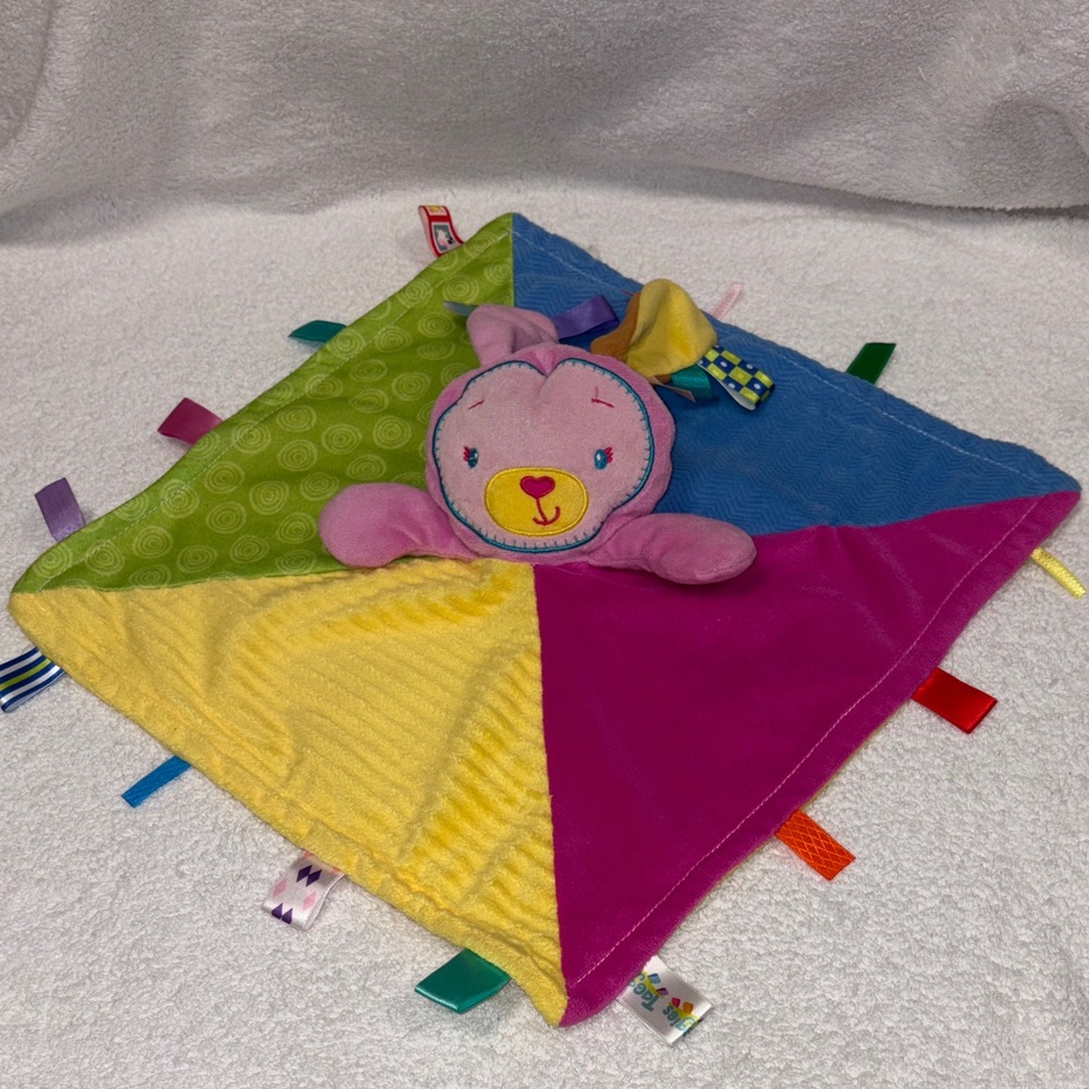Taggies Pink Bunny Baby Lovey Blanket Plush Satin Tags Blue Green Yellow